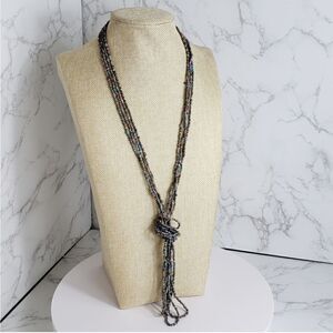 SET OF 4 Long Seed Bead Necklaces Blue Tan Pink